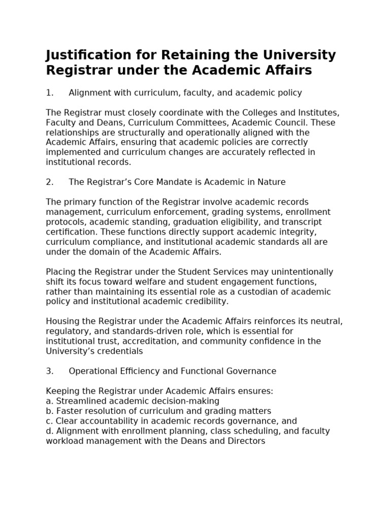 Justification For Retaining The University Registrar Under The Academic ...