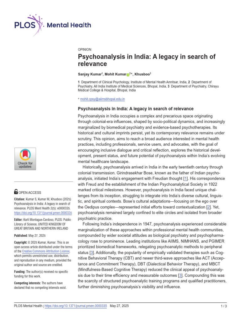 Psychoanalysis in India A Legacy in Search of Rele | PDF ...