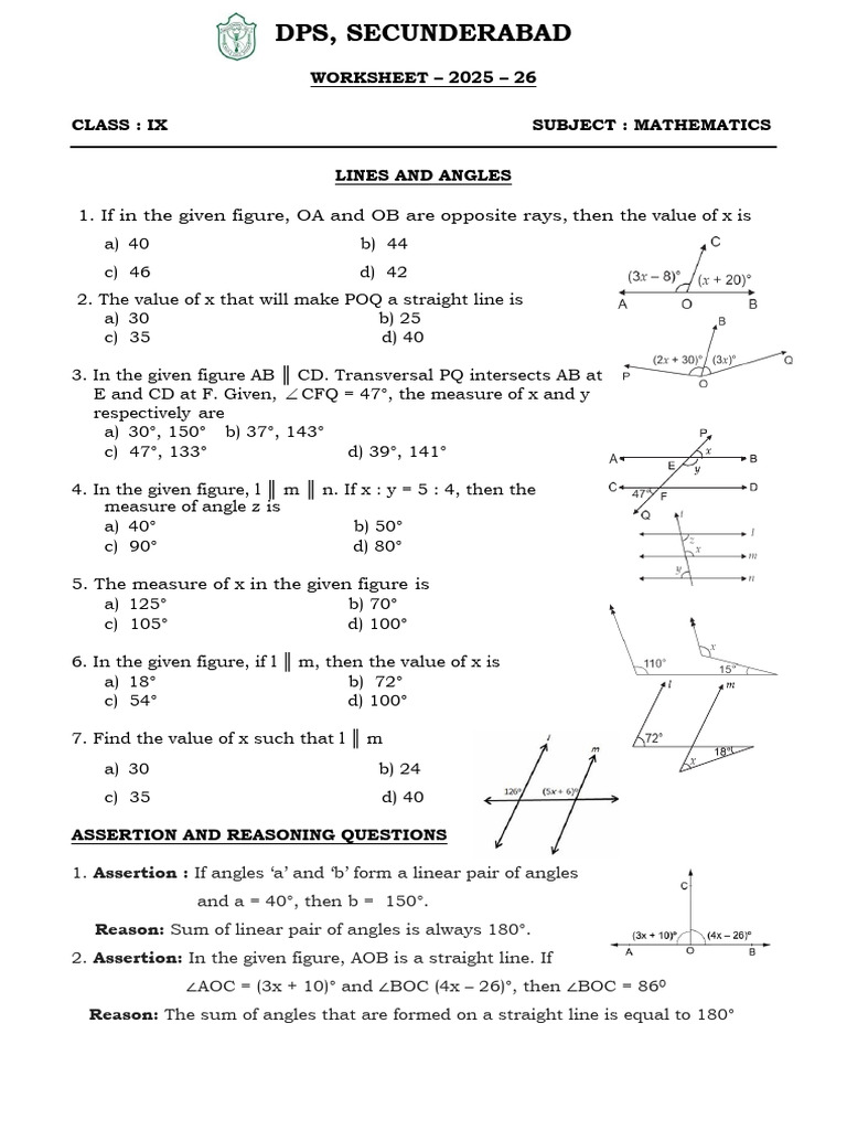 Lines and Angles - Ws | PDF | Angle | Elementary Geometry