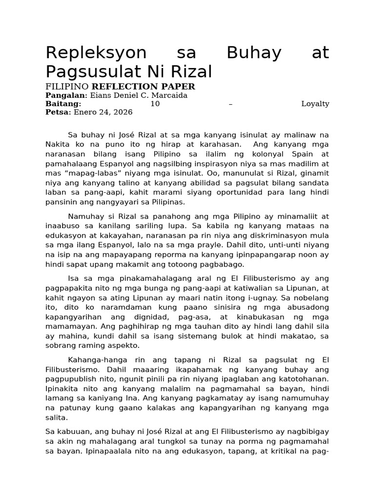 Filipino Reflection Paper On Rizal | PDF