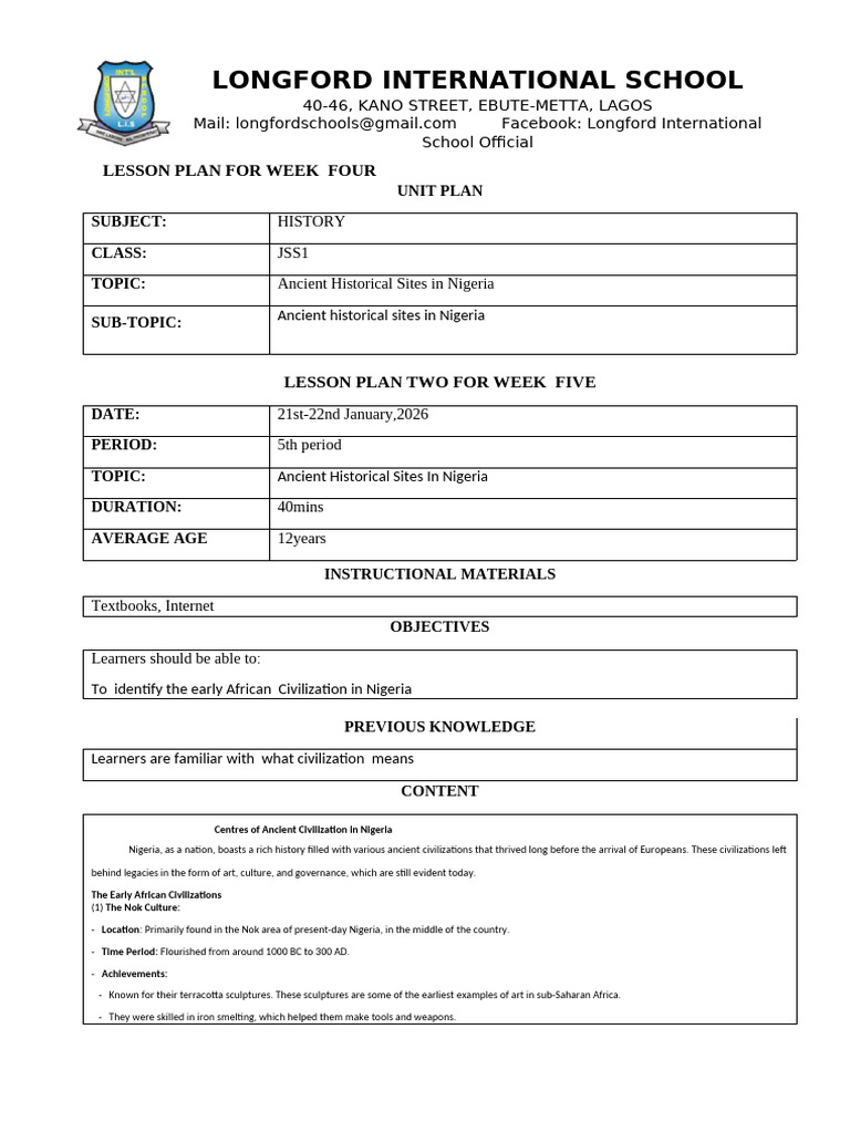 Week 4jss1 History Lesson Plan | PDF | Nigeria