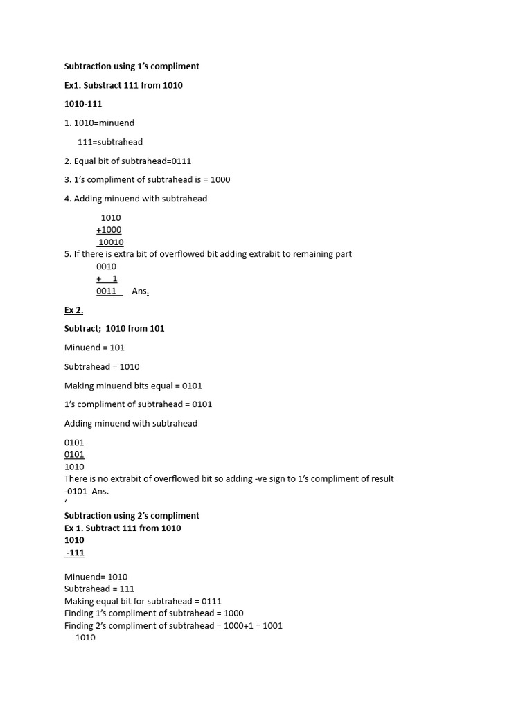 Subtraction Using 1s Compliment and 2s Compliment | PDF