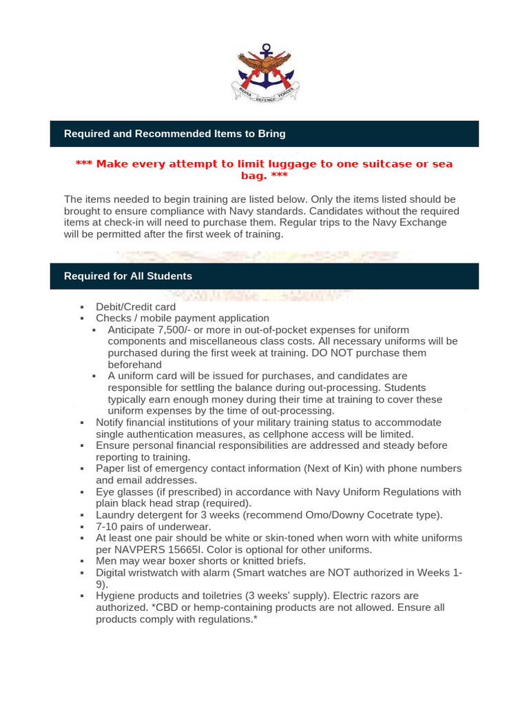 Required and Recommended Items To Bring | PDF | Sock | Clothing