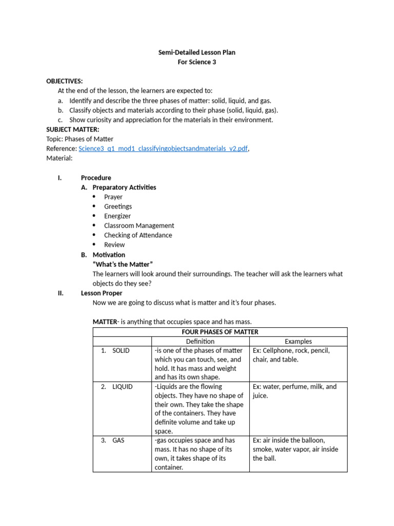 Semi Detailed Lesson Plan in Science 3 | PDF | Plasma (Physics) | Matter