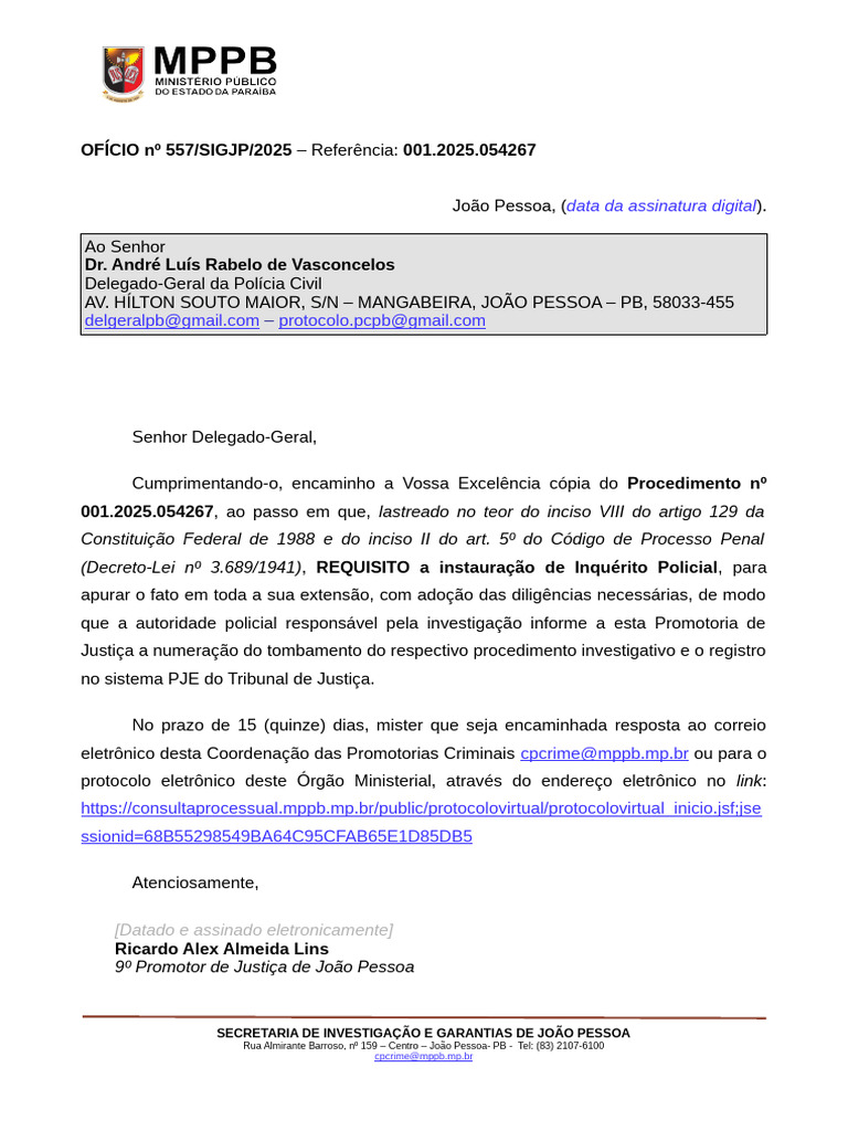 MODELO 02 OFÍCIO EXPEDIDO Requição de Inqúerito À DG - DR Ricardo Alex ...