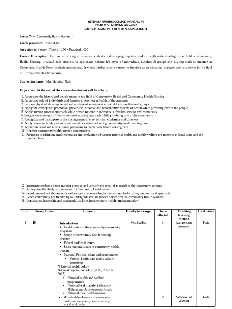 MSC N Course Plan Community Health Nursing I - 25-26 | PDF | Nursing ...