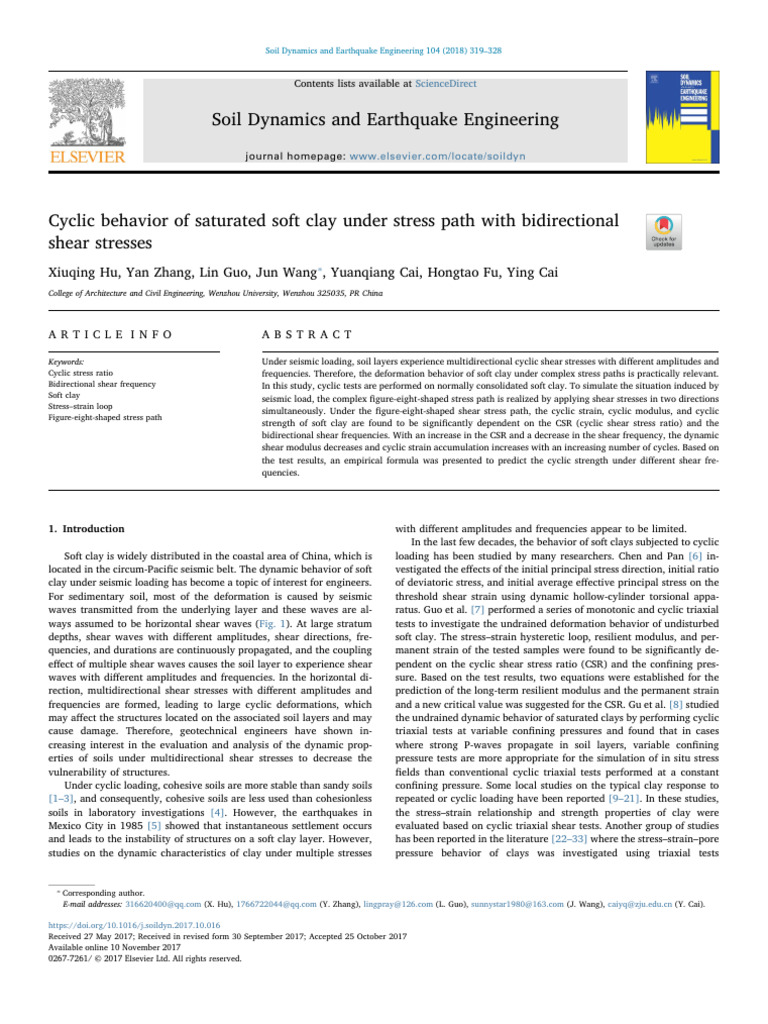 Cyclic Behavior of Saturated Soft Clay Under Stress Path With ...