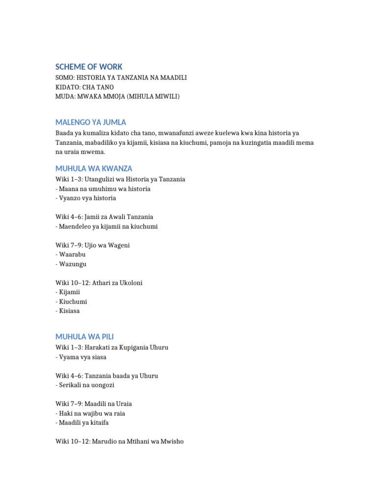 Scheme of Work Historia Tanzania Na Maadili Kidato Cha Tano | PDF