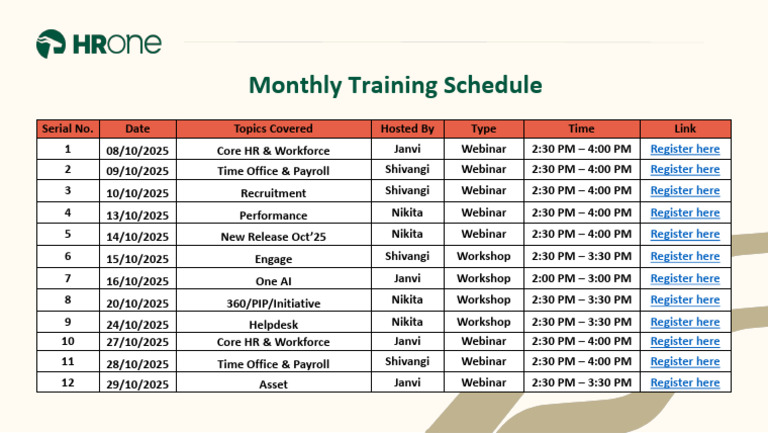 Oct - Training Calendar | PDF