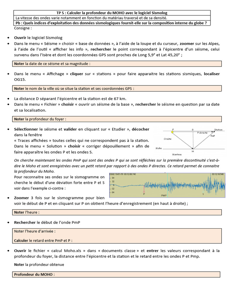 TP 5 Calculer La Profondeur Du MOHO Avecle Logiciel Sismolog | PDF ...