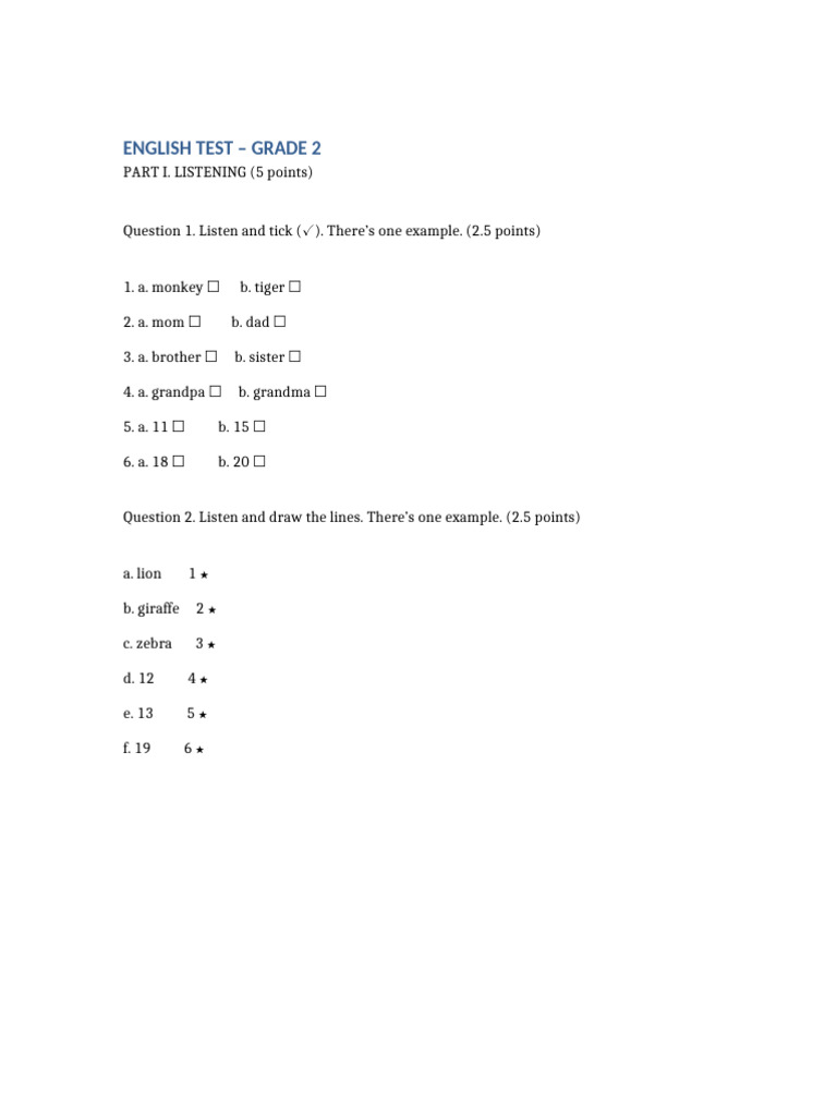 English Test Grade 2 With Pictures | PDF