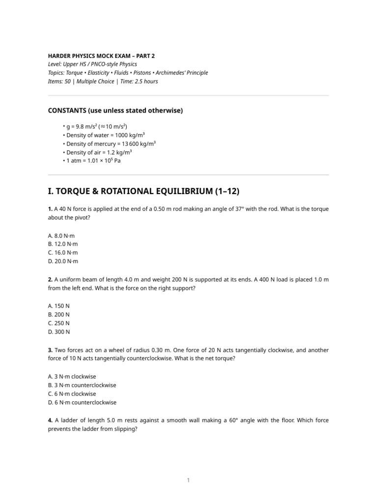 Harder Physics Mock Exam - Part 2 (Torque, Elasticity, Fluids) | PDF ...