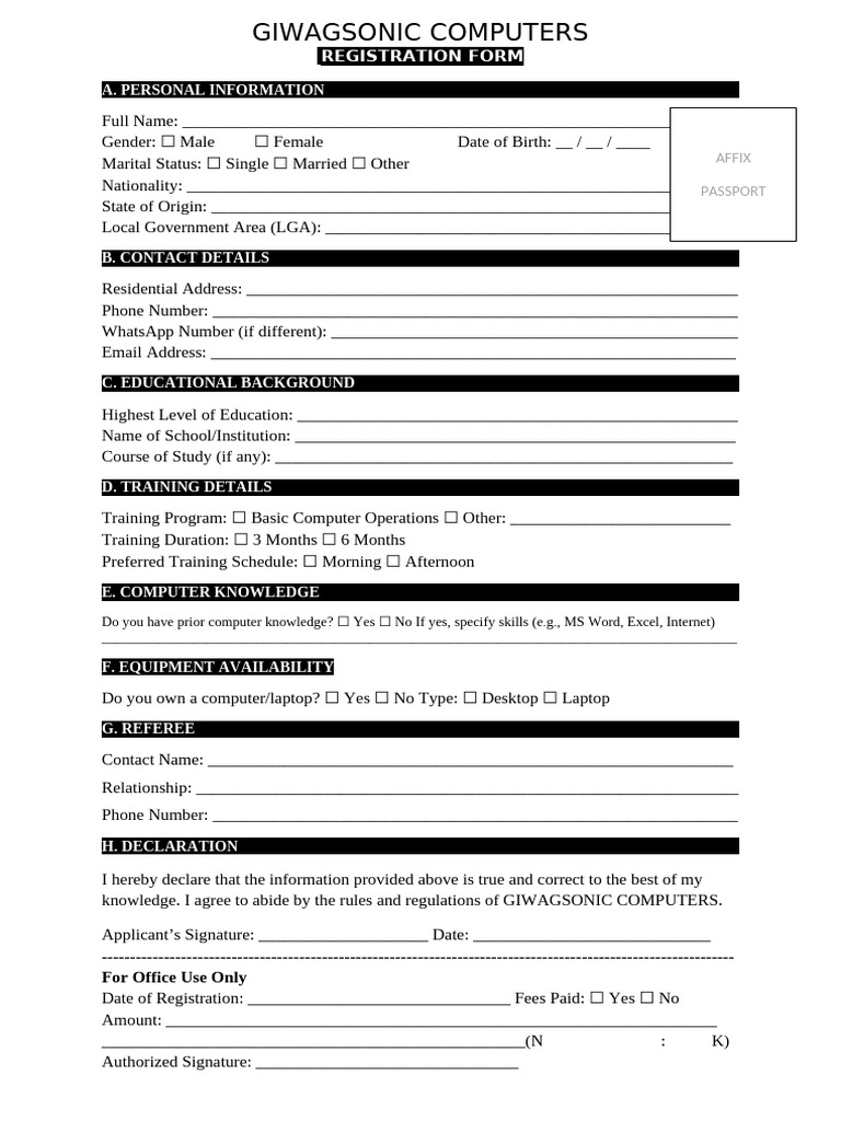 Giwagsonic Computers Registration Form | PDF | Computing
