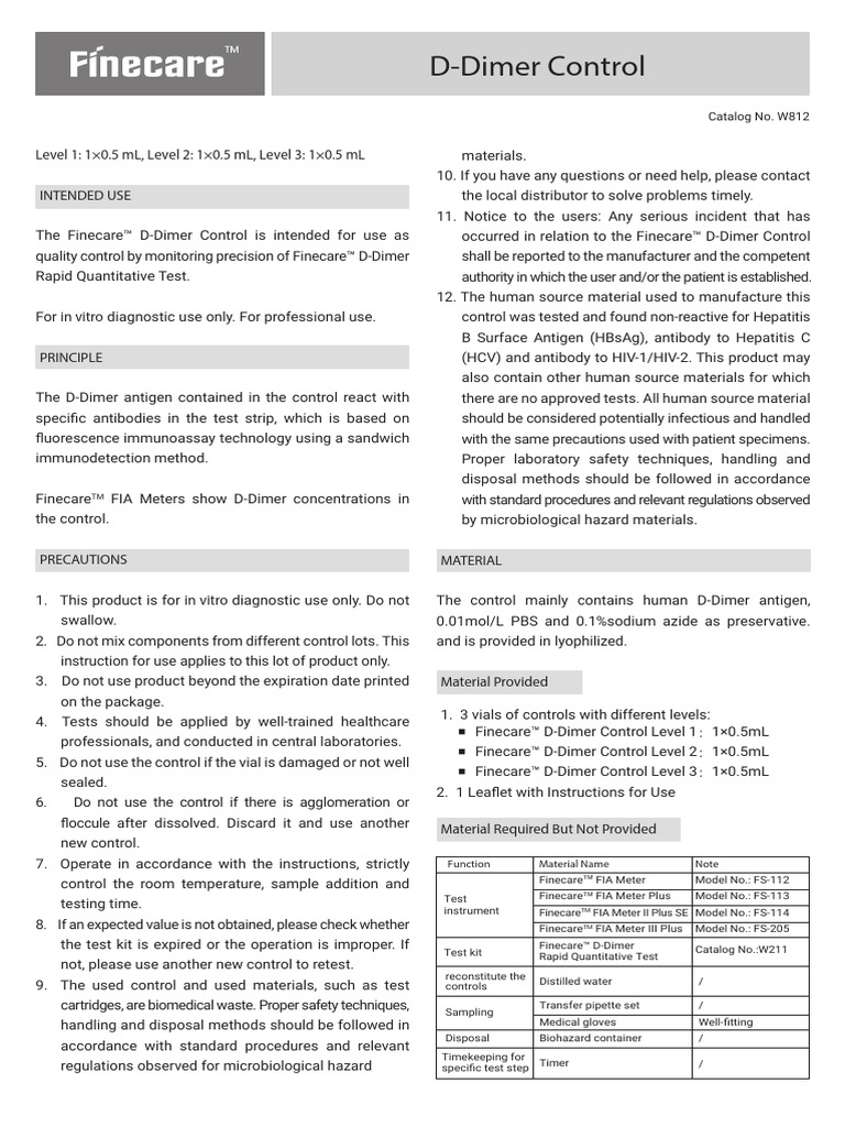Appendix 09 Device Instructions For Use of D-Dimer Control IFU-W812 (1 ...