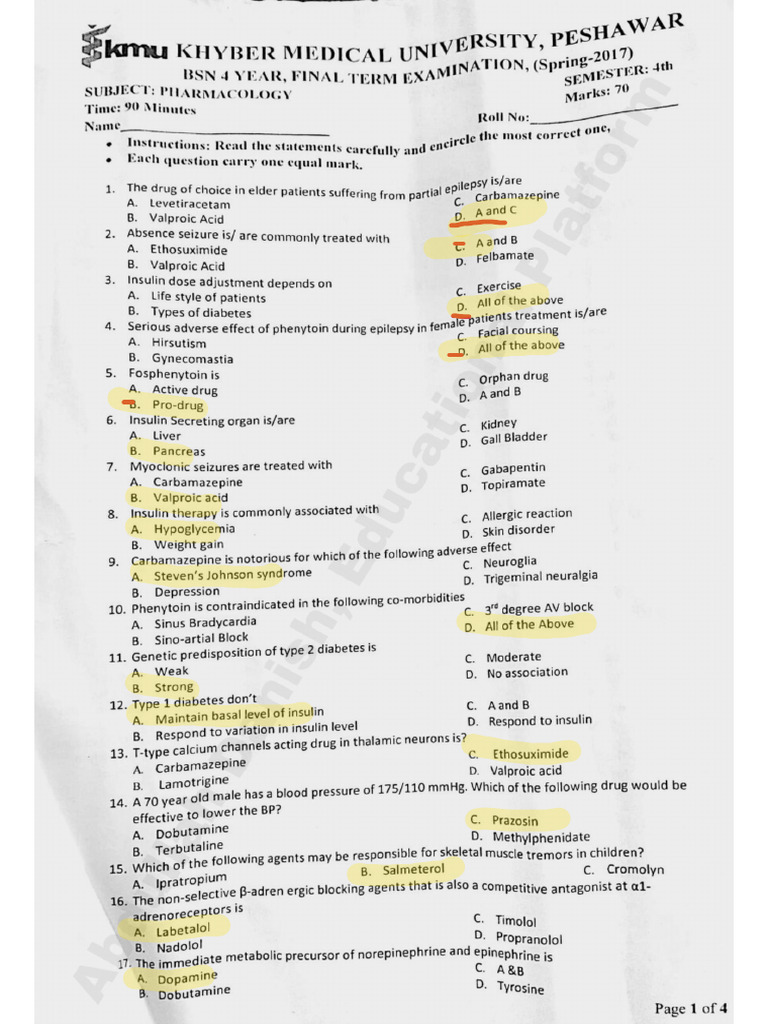 Pharmacology 4th Semester BSN Past Paper 2017 by KMU, Educational ...