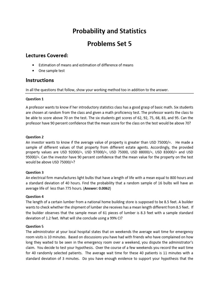 Probability and Statistics - Practice Problems Set 5 | PDF | Statistics ...