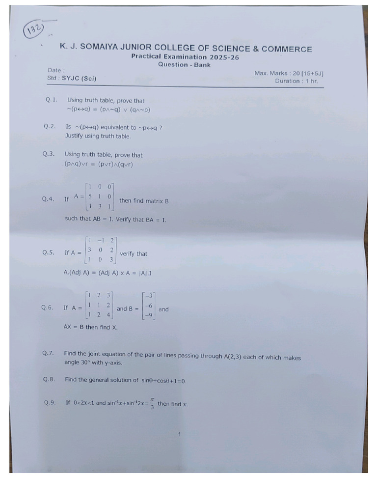 Maths Question Bank - 1 | PDF
