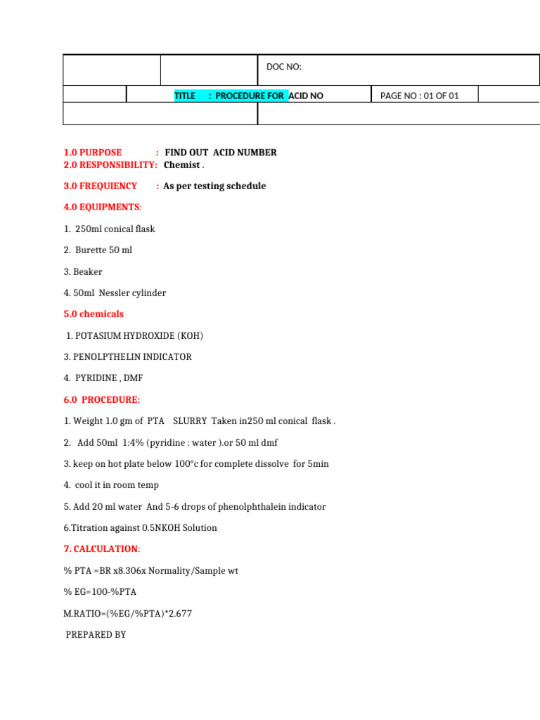 Procedure For % Pta in Paste | PDF