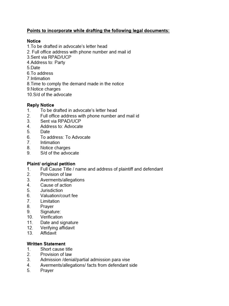 Points To Incorporate While Drafting The Following Legal Documents ...