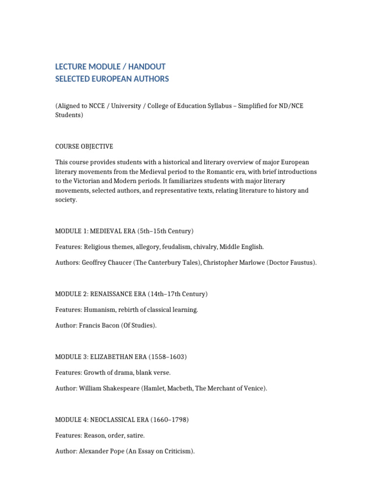 Selected European Authors Module | PDF