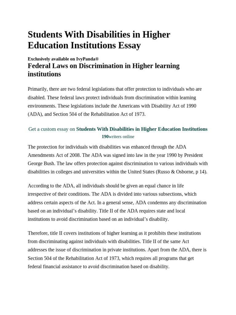 Students With Disabilities in Higher Education Institutions Essay | PDF ...