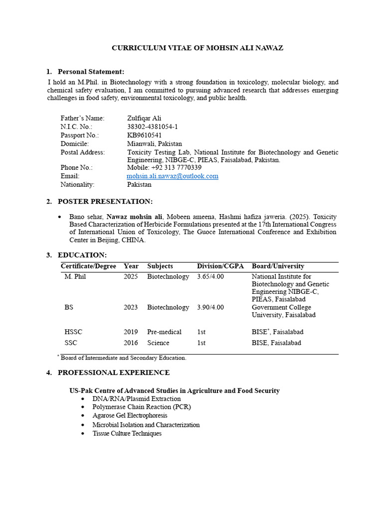 CV - Mohsin Ali Nawaz | PDF | Toxicology | Biotechnology