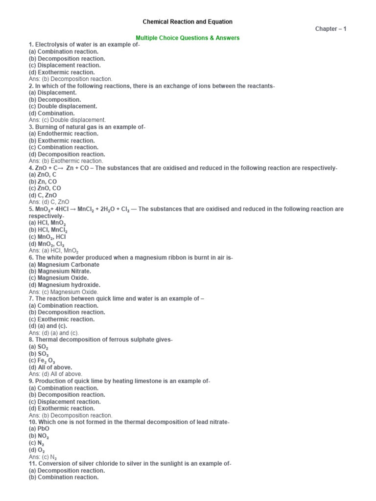Chapter 1 Chemical Reaction Answers | PDF | Chemical Reactions | Redox