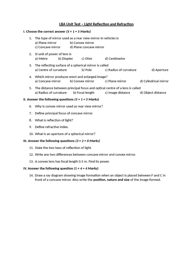 Physics LBA Unit Test | PDF | Mirror | Light