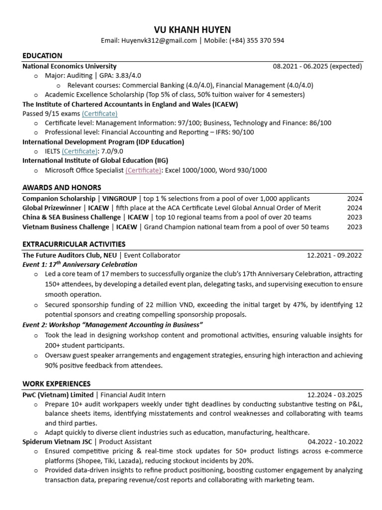 Khanh_20Huyen_20Vu_CV_UOB_20MA_202025 | PDF | Audit | Accounting