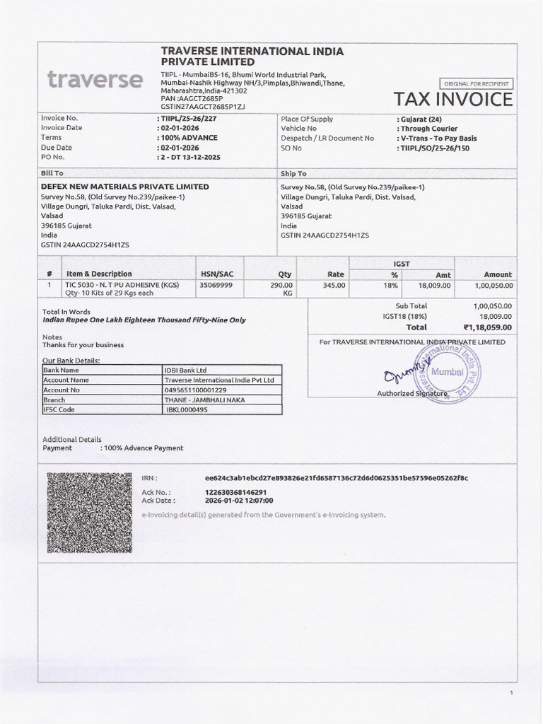 Defex # Invoice & MTC TIIPL-25-26-227 Dt.02-01-2026 | PDF
