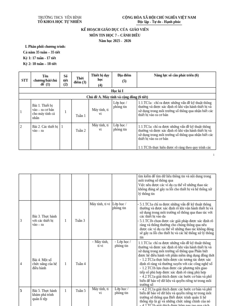 Ke Hoach Tin 7 Nls - Pl3 Hien | PDF