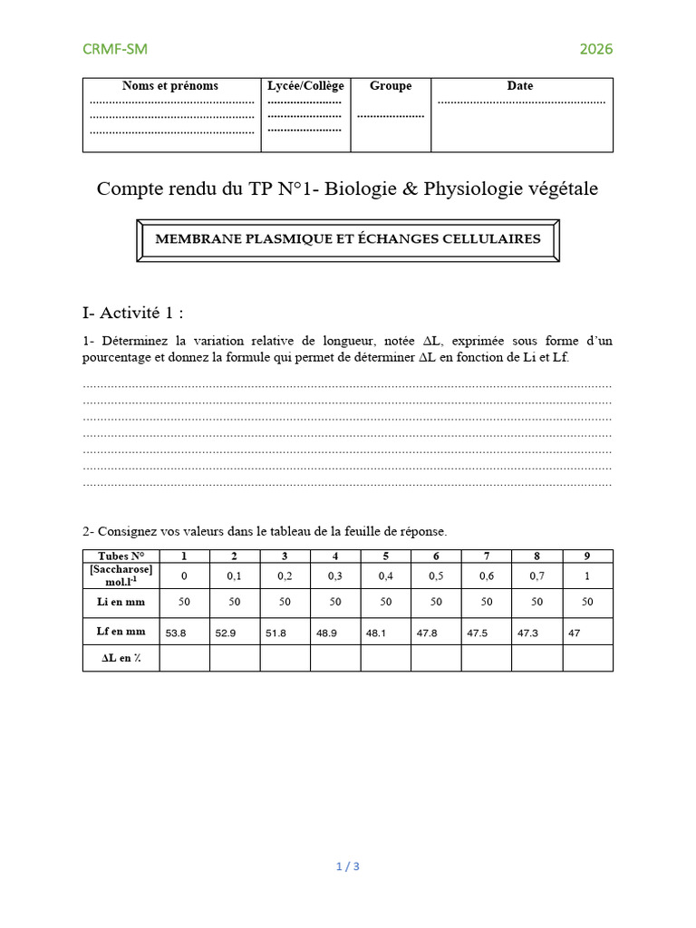Compte Rendu Du TP N°1 - Biologie & Physiologie Végétale | PDF
