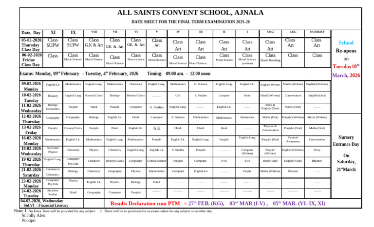 Date Sheet For The Final Term 2025-2026 | PDF | Inquiry | Science