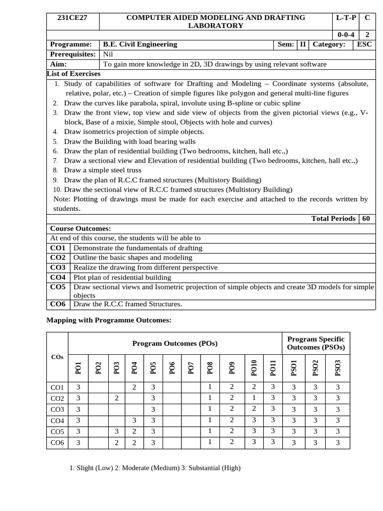 231ce27 Computer Aided Modeling and Drafting Laboratory Syllabus r23 | PDF
