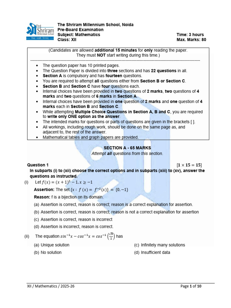 Cls12 QP Math Pre Board 2025 26 | PDF | Linear Regression | Function ...