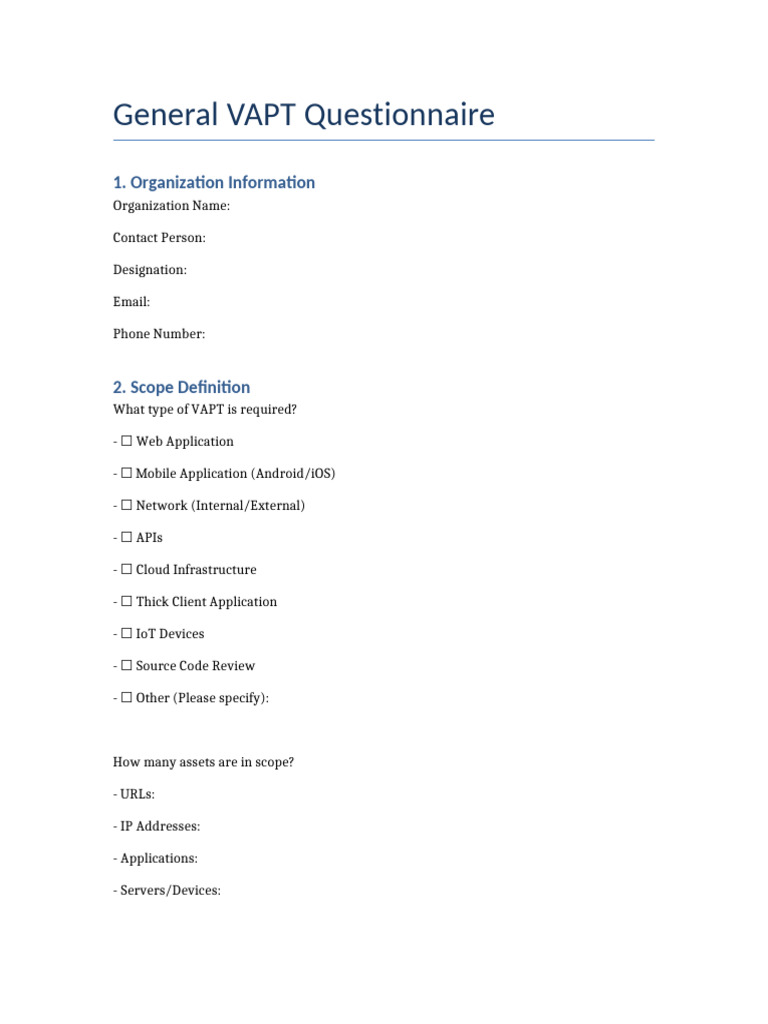 General VAPT Questionnaire | PDF