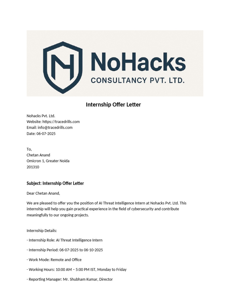 Internship Letter With Nda | PDF | Non Disclosure Agreement | Privacy