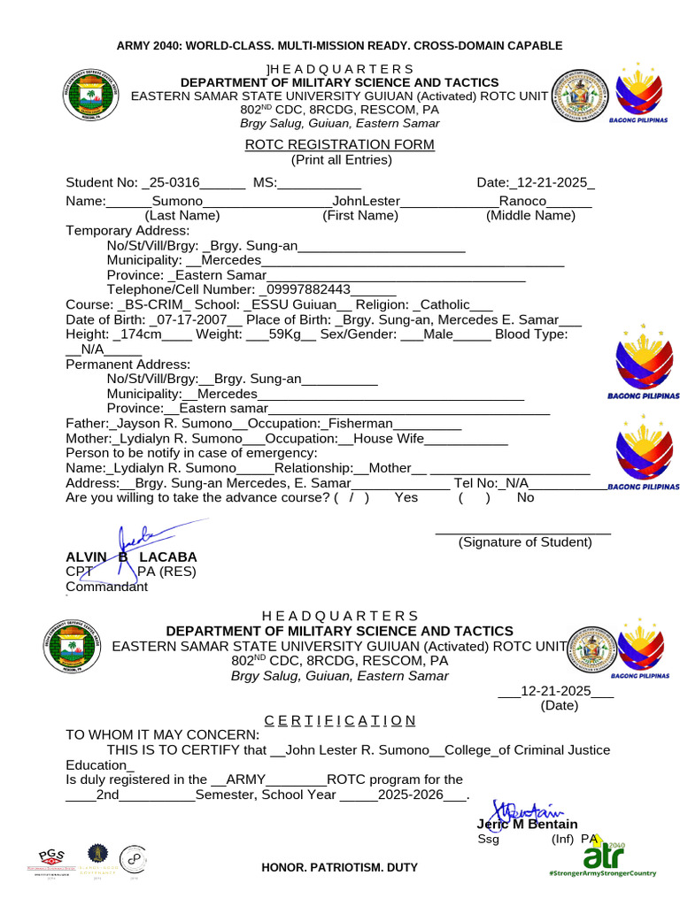 ROTC Registration Form ESSU Guiuan | PDF