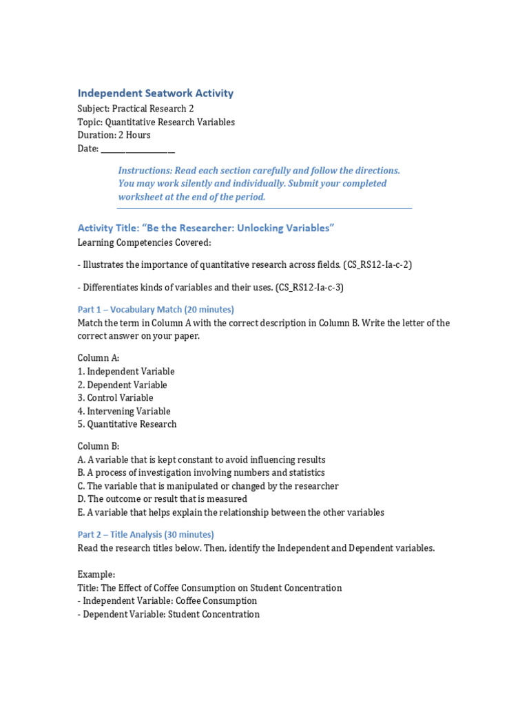 Quantitative Research Variables Independent Seatwork-1 | PDF ...