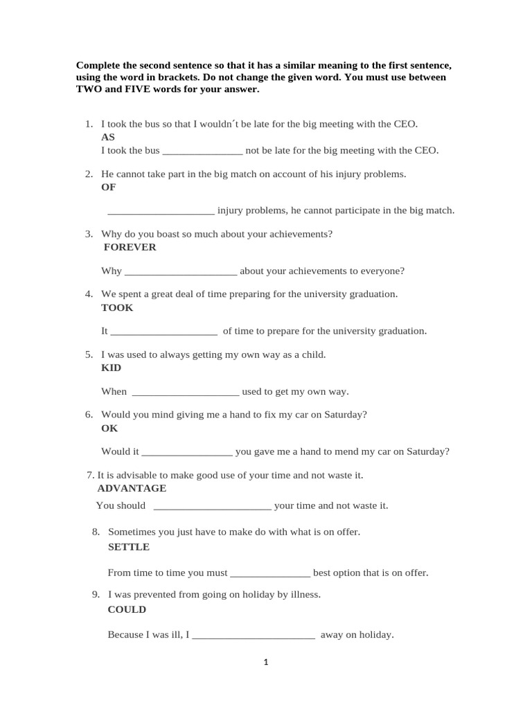 4 Complete The Second Sentence So That It Has A Similar Meaning To The ...