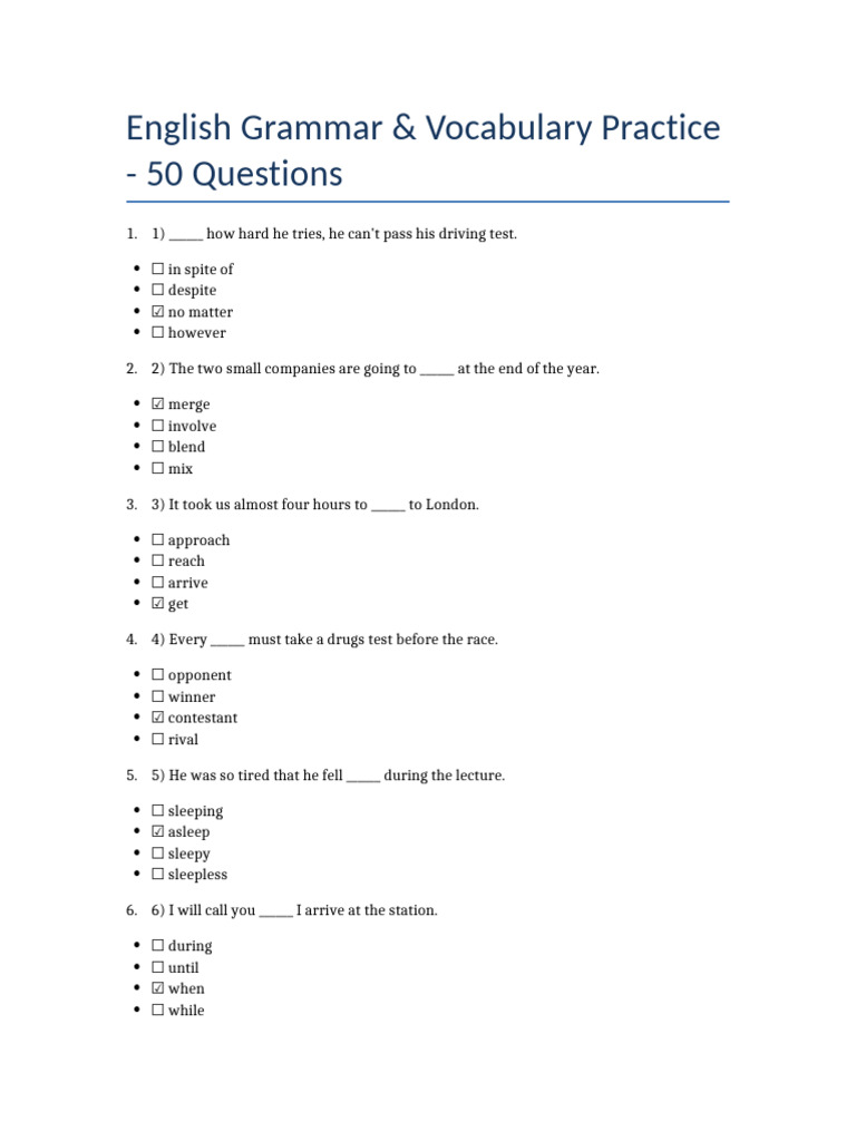 English Grammar Practice 50 With Answers | PDF