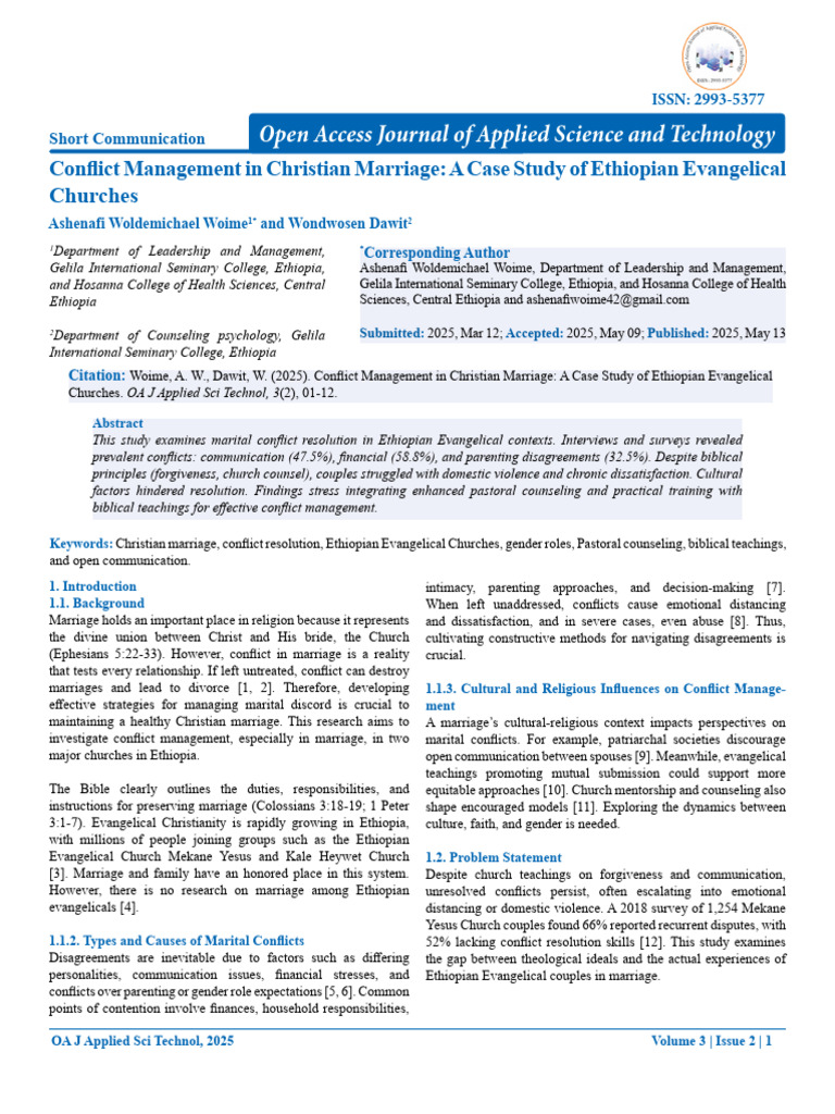Conflict Management in Christian Marriage A Case Study of Ethiopian ...