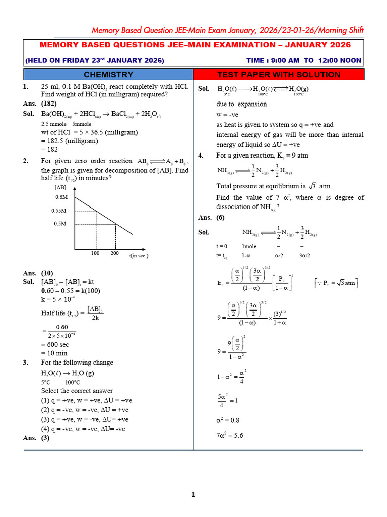23.01.26 Shift - 1 Chem | PDF | Chemical Compounds | Physical Sciences