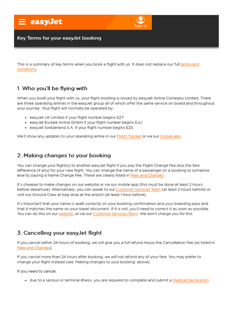 Key Terms For Your EasyJet Booking | PDF