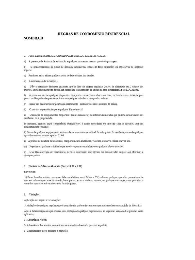 Regras de Condomínio Residencial Sombra Ii | PDF | Som