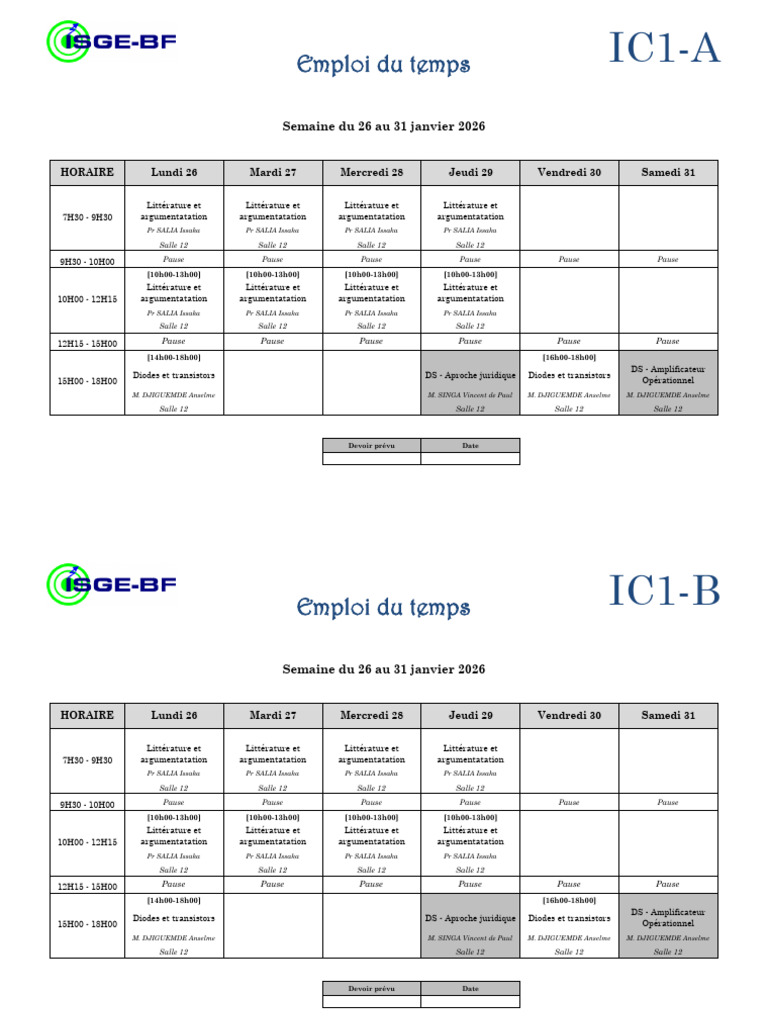 17 - Isge - Emploi Du Temps de La Semaine Du 26 Au 31 Janvier 2026 | PDF