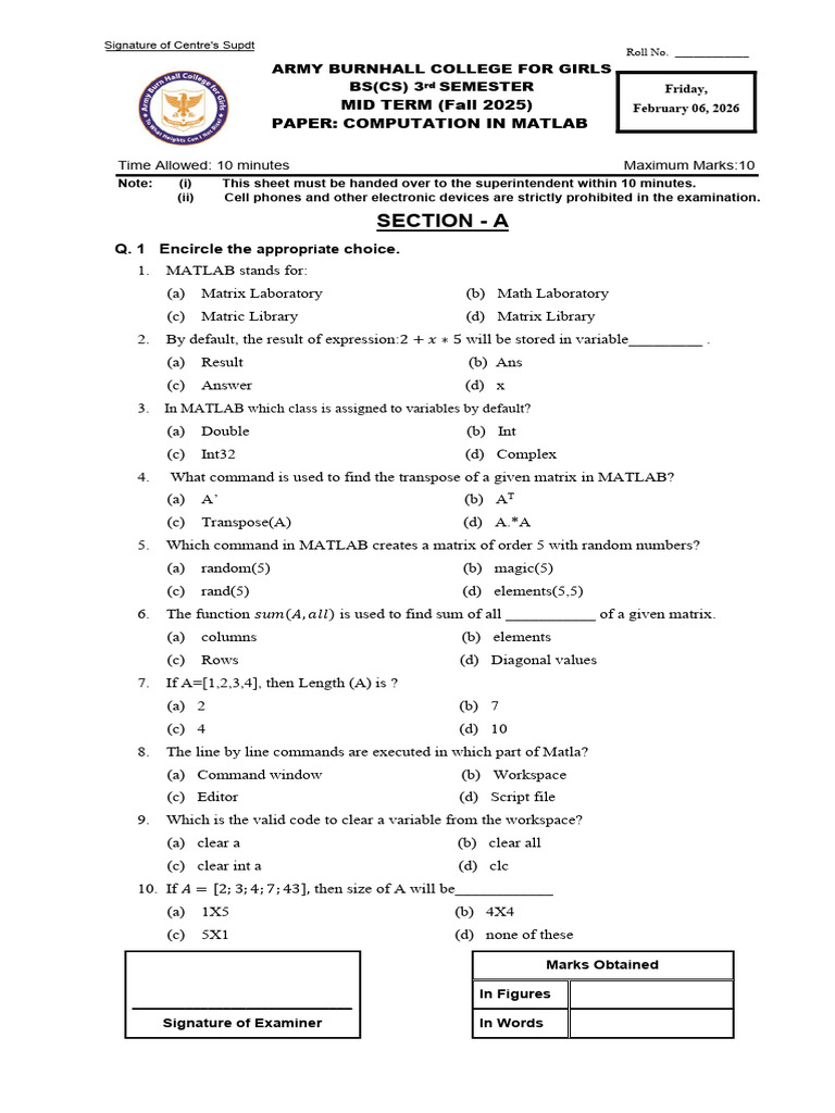 Bs (CS) - III Matlab Midterm Paper | PDF | Matrix (Mathematics) | Matlab