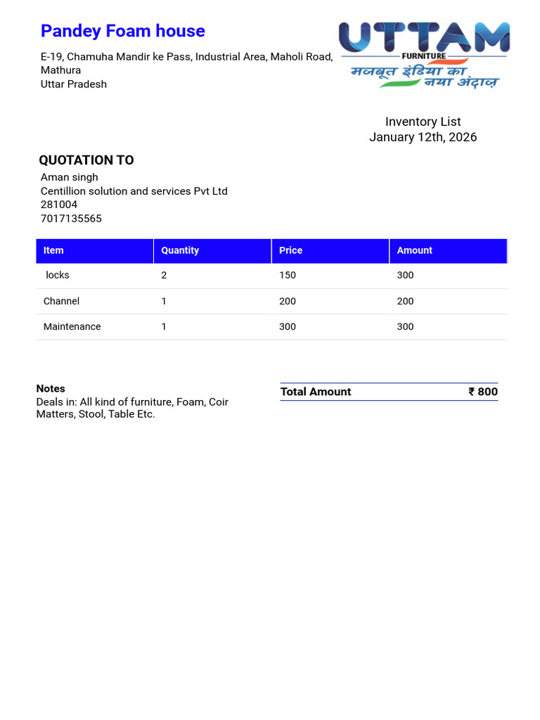 Pandey Foam House: Quotation To | PDF