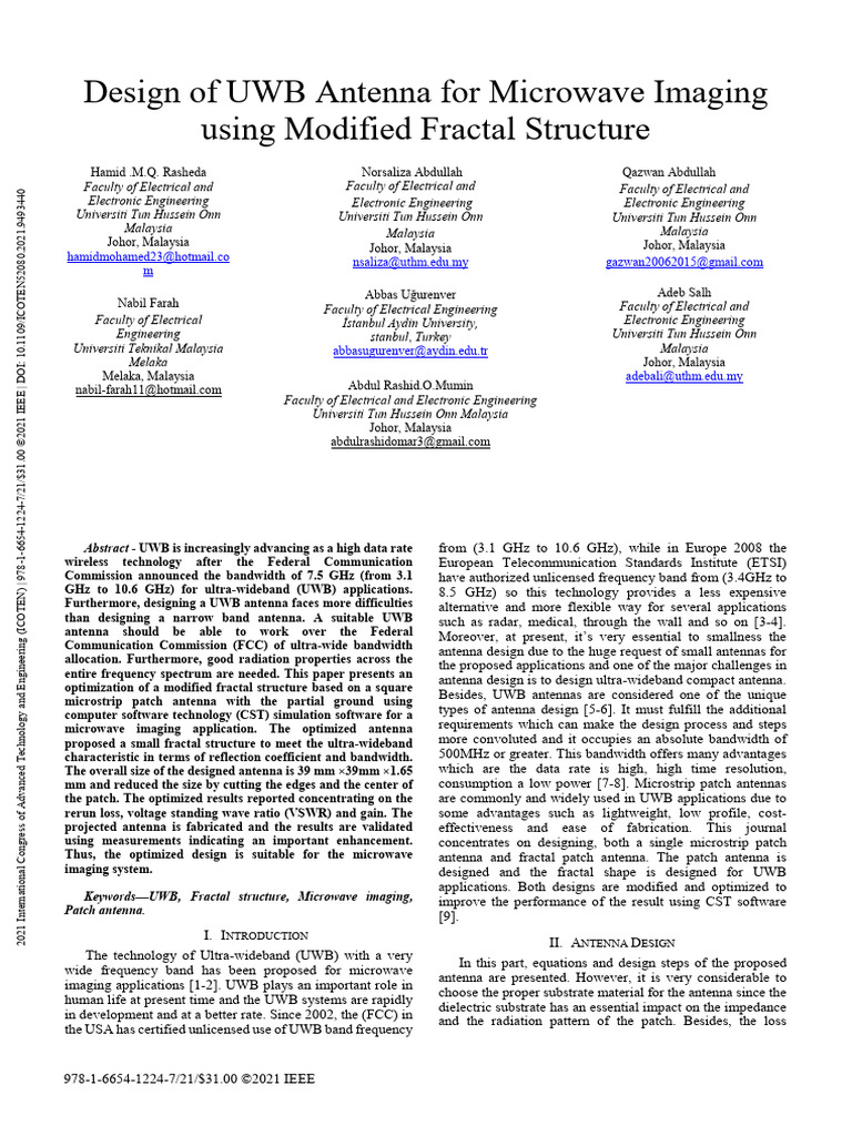 Design of UWB Antenna For Microwave Imaging Using Modified Fractal ...