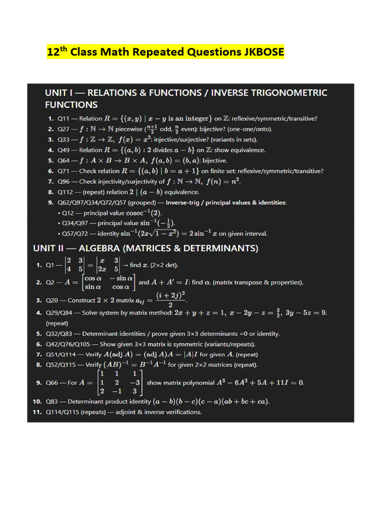 12th Math Repeated Questions JKBOSE | PDF